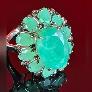 925 Sterling Silver Ring Sz 7 with Natural  Emeralds & Natural Diamonds Gems